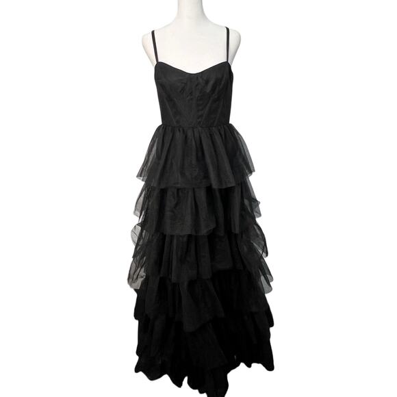 Lulus Rule The Runway Black Mesh Tulle Bustier Tiered Maxi Dress M Formal Party - Picture 2 of 15